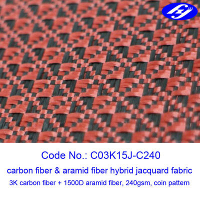 Tessuto nero/rosso del tessuto di Aramid del carbonio del modello della moneta del jacquard del carbonio di Aramid dell'ibrido